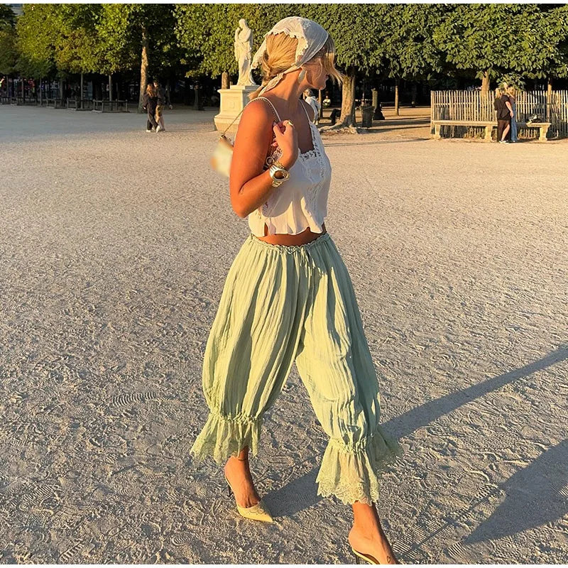 2025 Fashion Ruff Long Pants Women Casual Pleated Lace Lace Up Patchwork Straught Pants Lady Summer Chic Holiday Streetwear