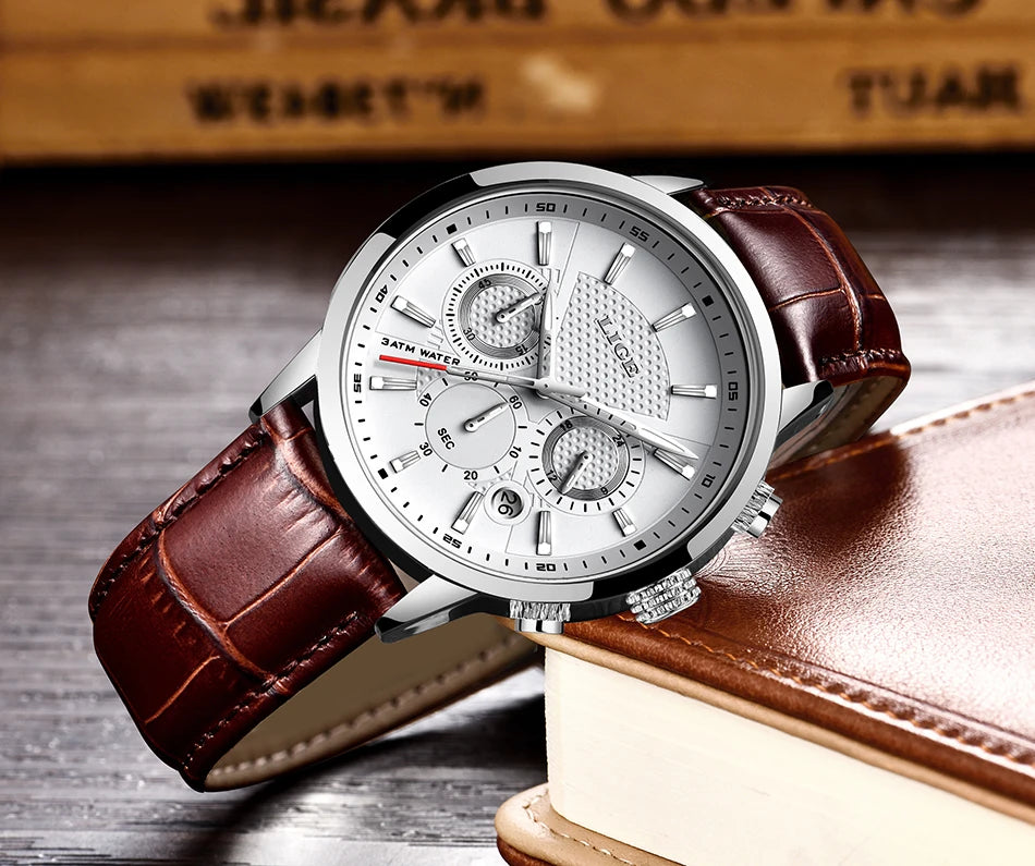 LIGE Watches Men 2024 Top Brand Luxury Casual Leather Quartz Men Watch Man Business Clock Male Sport Waterproof Date Chronograph