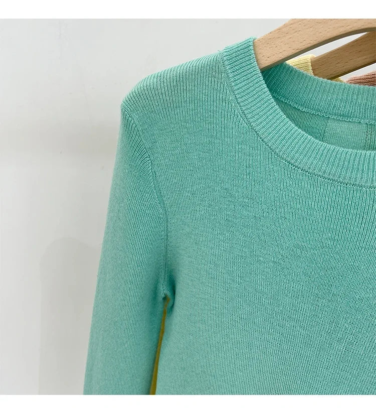 Lady Basic O-Neck Slim T-Shirt Women Solid Multi Color All-Match Trend Casual Top Screw Knit Long Sleeve Elastic Spring Office
