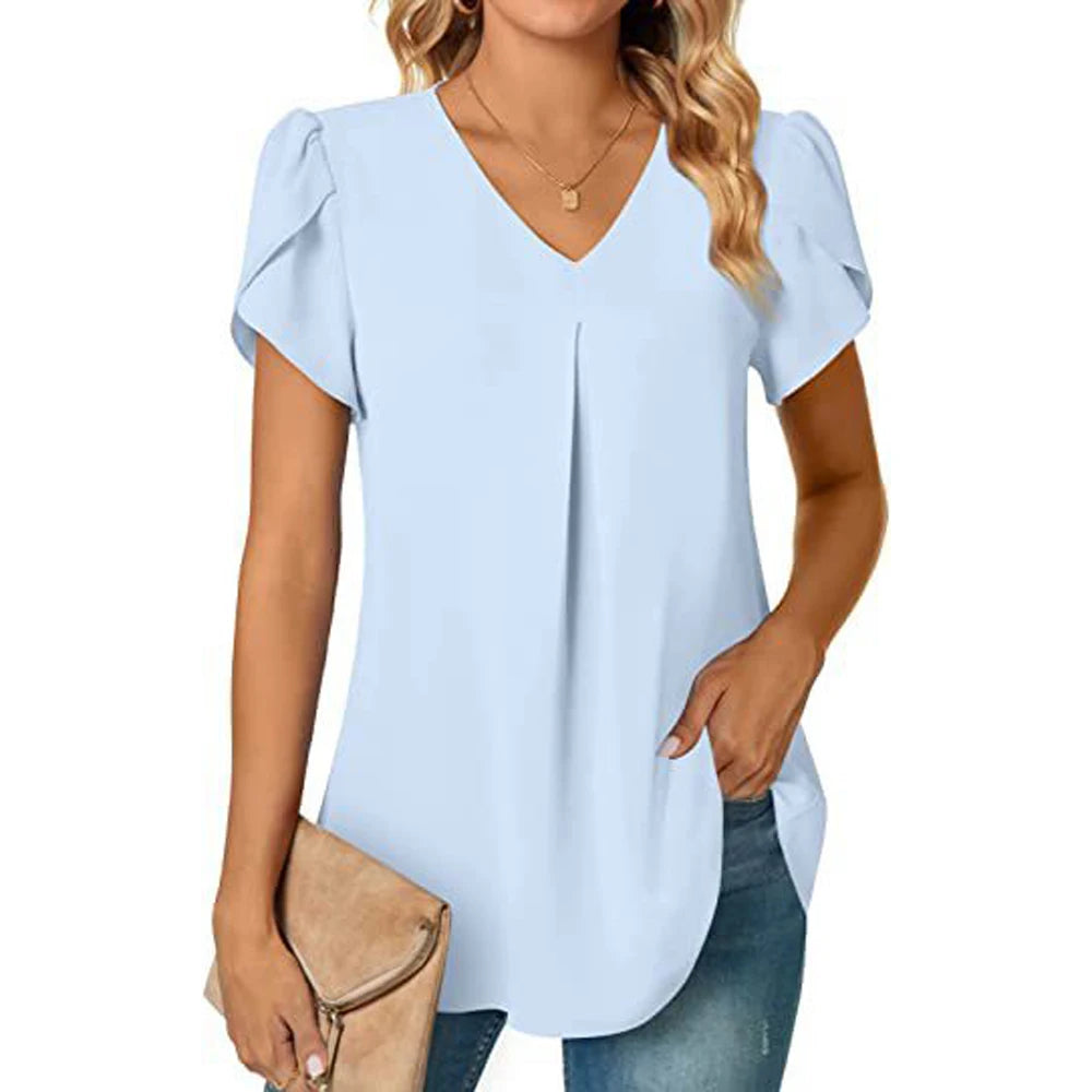 Sexy V Neck Ruffle Short Sleeve Blouse Shirts Summer Women V Neck Solid Color Loose OL Workout Blouse Tops SZE-ST23015