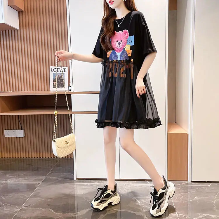 T Shirt Dress Woman Short Sleeve Summer Lace Clothing Women's Top Funny Fitted Slim Causal Long Graphic O Tall Kpop Cute Tees Xl
