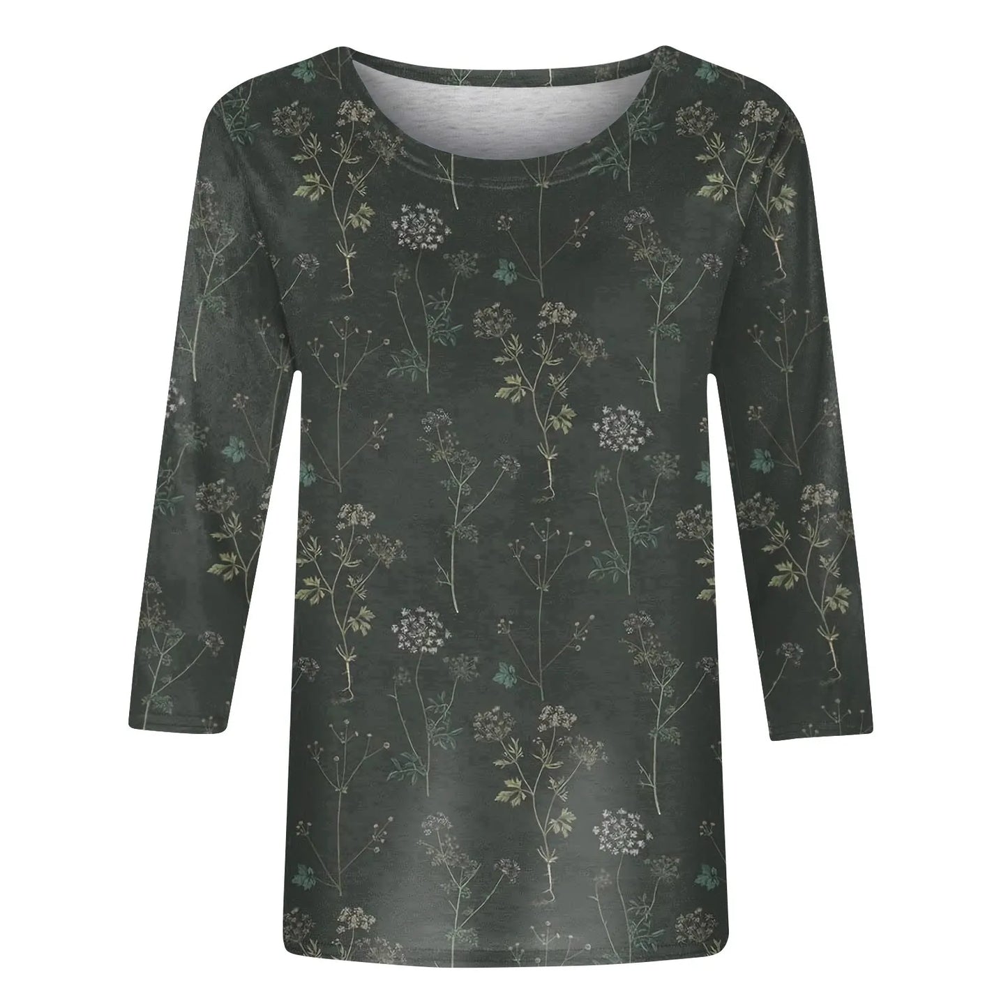 Female Clothing Delicate Fashion Shirts Floral Round Neck 3/4 Sleeves Printed Summer Women Pullover Daily Wear Vetement Femme