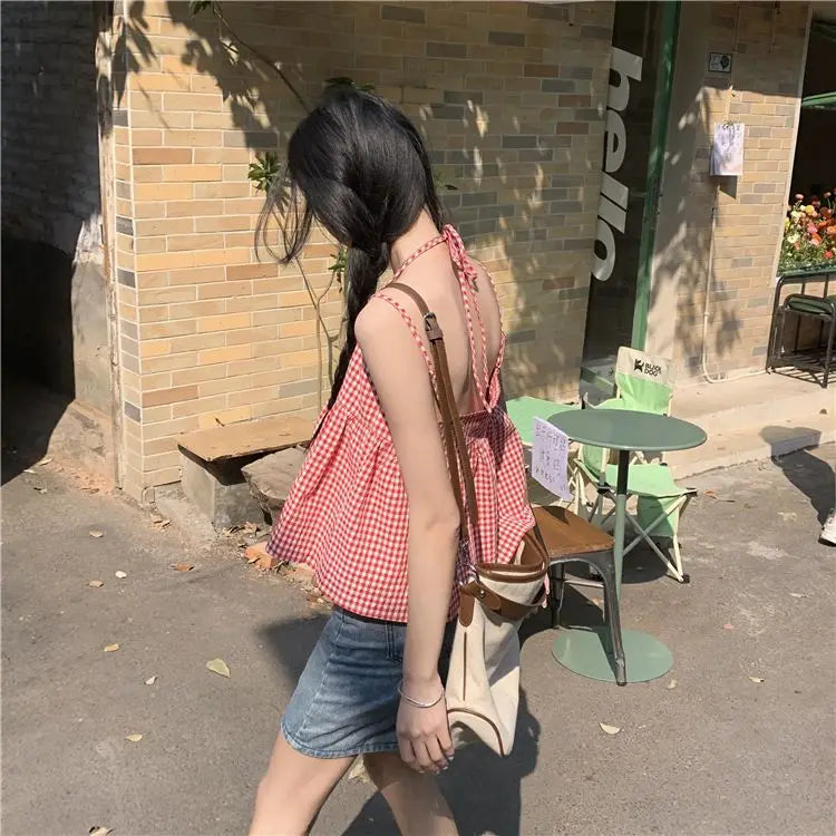 Red Plaid Camisole Women Backless Hotsweet Bandage All-match Loose College Personality Chic Summer Korean Style Fashion Ulzzang
