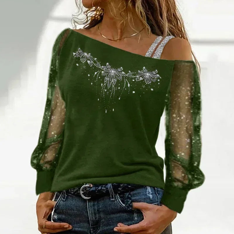 Women Fashion Casual Diagonal Collar Long Sleeve Tops Ladies Sexy Off Shoulder Loose T-shirts Net Yarn Pullover Blouses