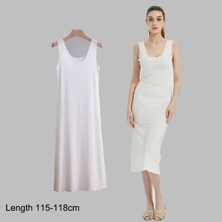M-5XL Plus Size Full Slips Dresses For Women Summer Thin Seamless Ice Silk Petticoat Underskirt Sleeveless Underwear Dress Slips