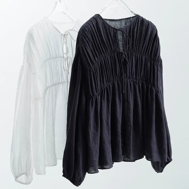 Komiyama O Neck Lace Up Shirts Blouses Vintage Elegant Pleated Blusas Mujer Spring Clothes Women Japan Fashion Shirt Tops