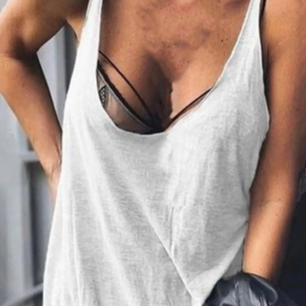 Lady Casual Solid Color Loose Tees U-neck Sleeveless Thin Women Vest Low Collar Stretchy Lady Summer Simple T-shirt Streetwear