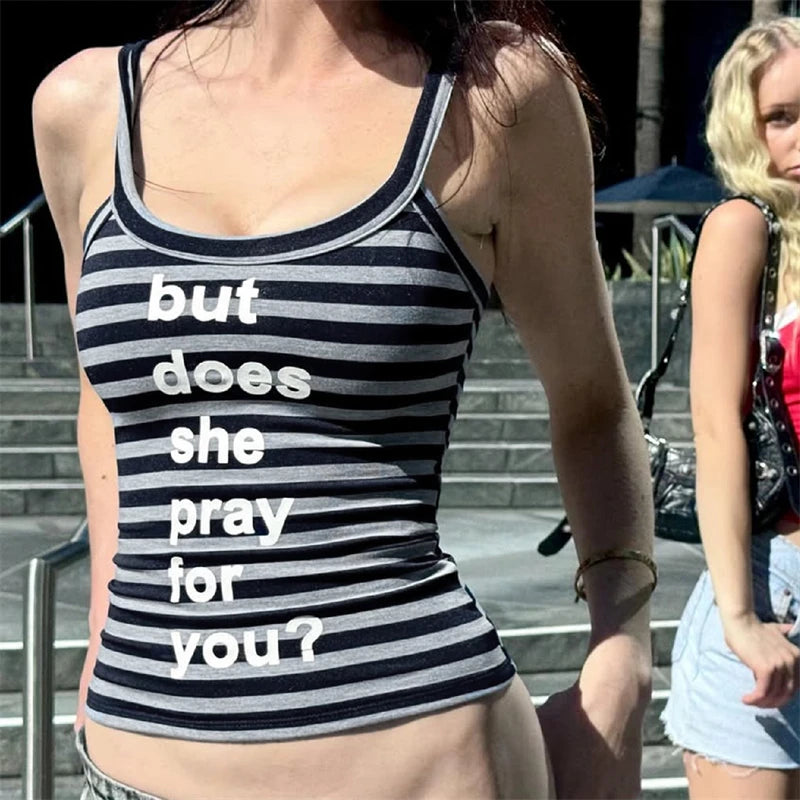 Dulzura Sleeveless Backless Slim Striped Letter Print Crop Camisole Ladies Fashion Sexy Casual Y2K Top Party Club Summer Clothes