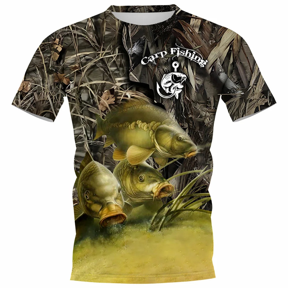 Summer Carp Fishing Print T-shirts For Men Outdoor Catfish Printing Loose Short Sleeve Quick Drying Tee Shirt Casual Street Top