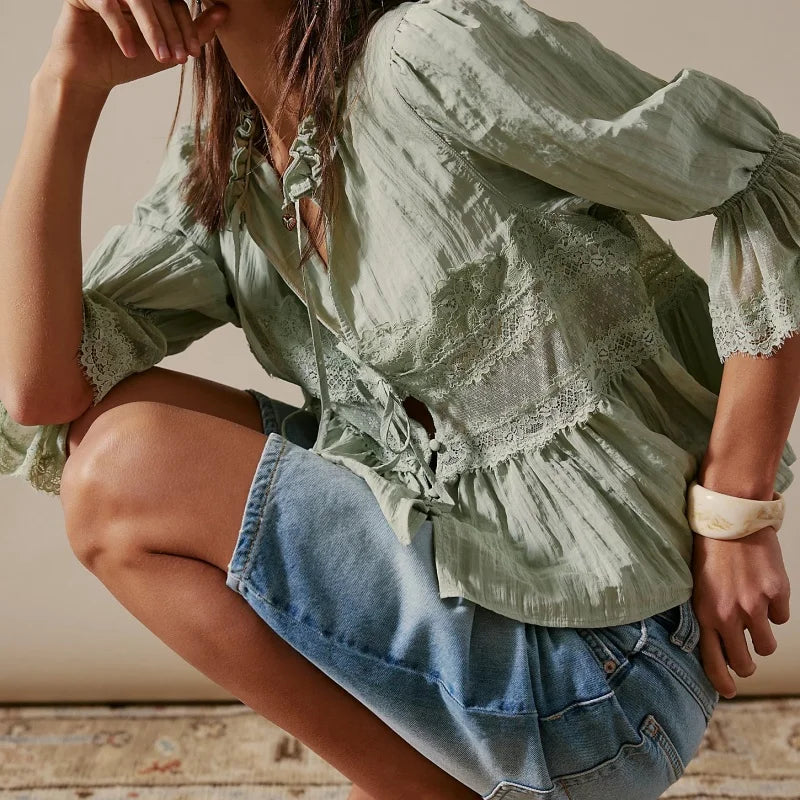 Women Ruffle Bow Tie Peplum Tops Boho Sheer Flowy Short Sleeve Blouse Lace Eyelet Frilly Babydoll Tees Shirt Streetwear