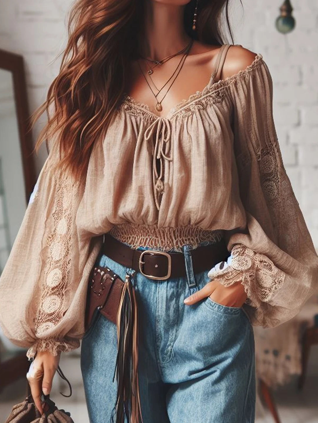 Women's Boho Shirt Off Shoulder Lace Up Lantern Sleeve Vintage Sexy Sweet Cropped Blouse Top Hollow Out Casual Lace Blouse Tops