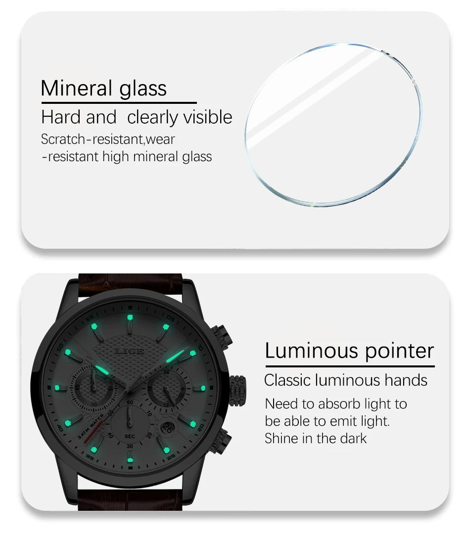 LIGE Watches Men 2024 Top Brand Luxury Casual Leather Quartz Men Watch Man Business Clock Male Sport Waterproof Date Chronograph