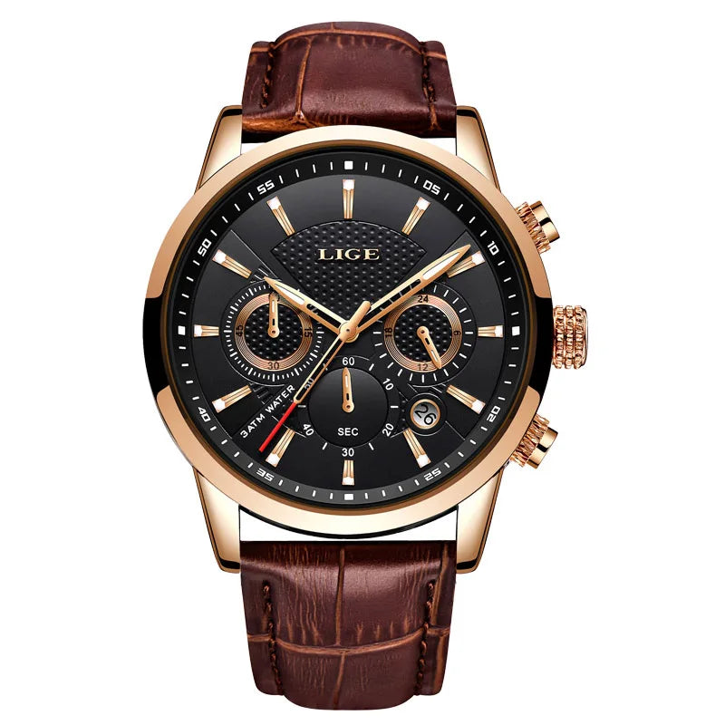 LIGE Watches Men 2024 Top Brand Luxury Casual Leather Quartz Men Watch Man Business Clock Male Sport Waterproof Date Chronograph