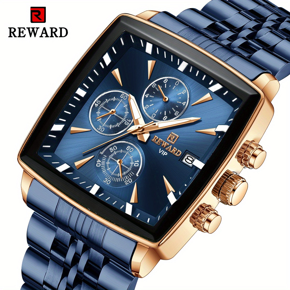 Stylish REWARD Men's Watch - Quartz Wrist Watch for Business, Blue Rectangle Face, Luminous Hands, Waterproof, Ideal Gift for Him, Perfect Accessory for Formal Occasions