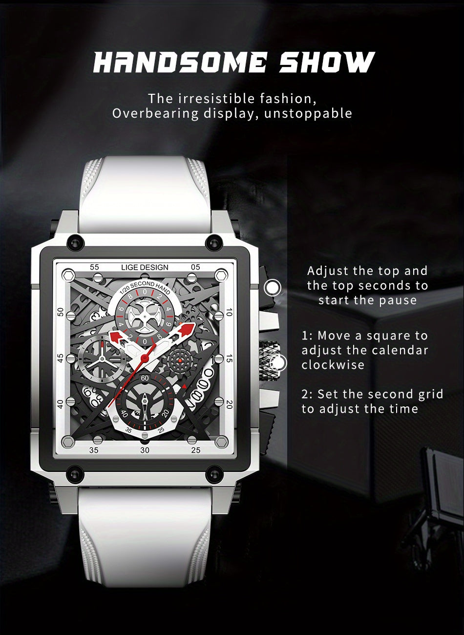 LIGE Men's Watch, Waterproof Quartz Square Wrist Watch For Men, Sports Silicone Watch