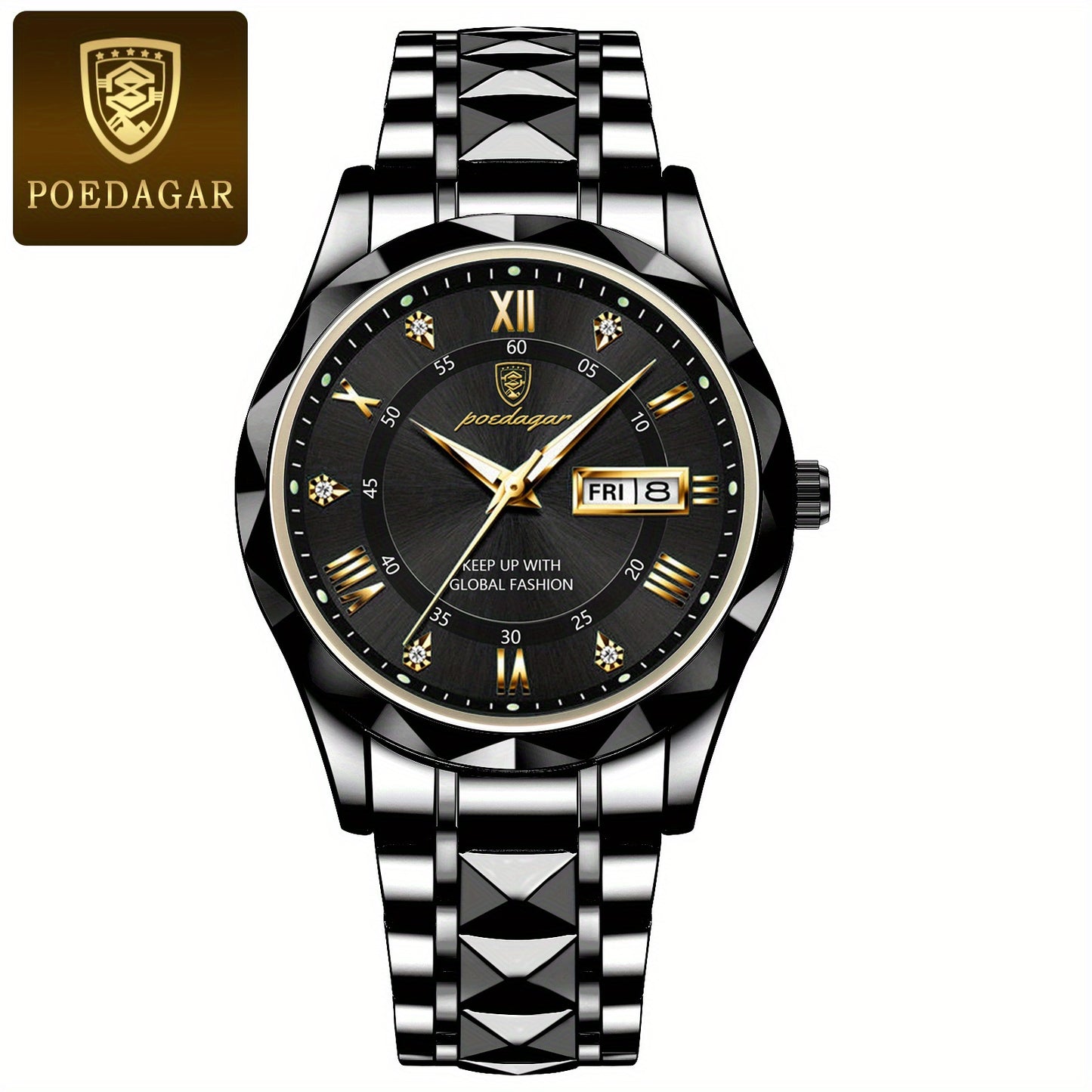 POEDAGAR Men's Stainless Steel Quartz Wristwatch, Luminous Calendar Men's Watch, Ideal Choice For Gifts