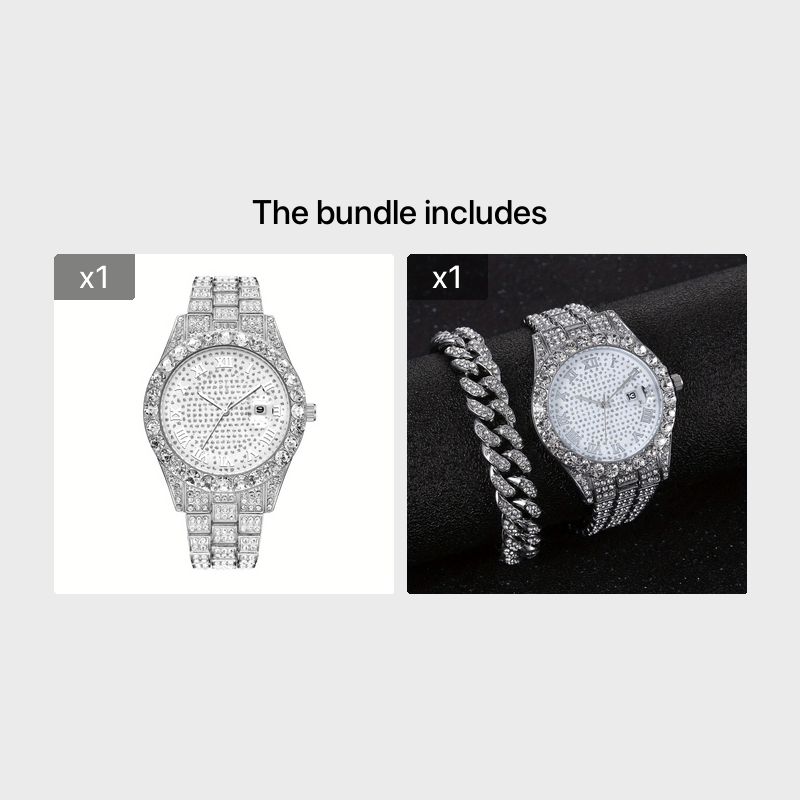 Men's Hip-Hop Inspired Rhinestone Watch with Cuban Bracelet - Street Style Alloy Band, Quartz Movement, Street Street Style