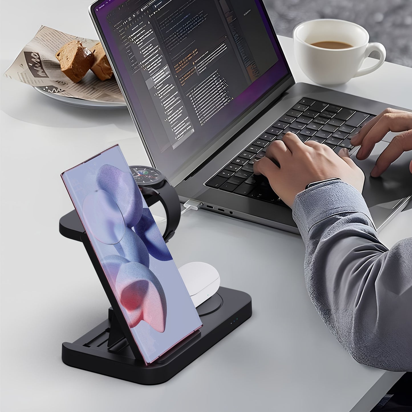 4-In-1 Foldable Fast Wireless Charging Station - Compatible with Samsung S23/S22 Ultra/S22+/S22/S21/S20/Z Flip 4/Z Fold 4, Galaxy Watch 6/5/4/3, Galaxy Buds/Pro, and Multiple Android Devices