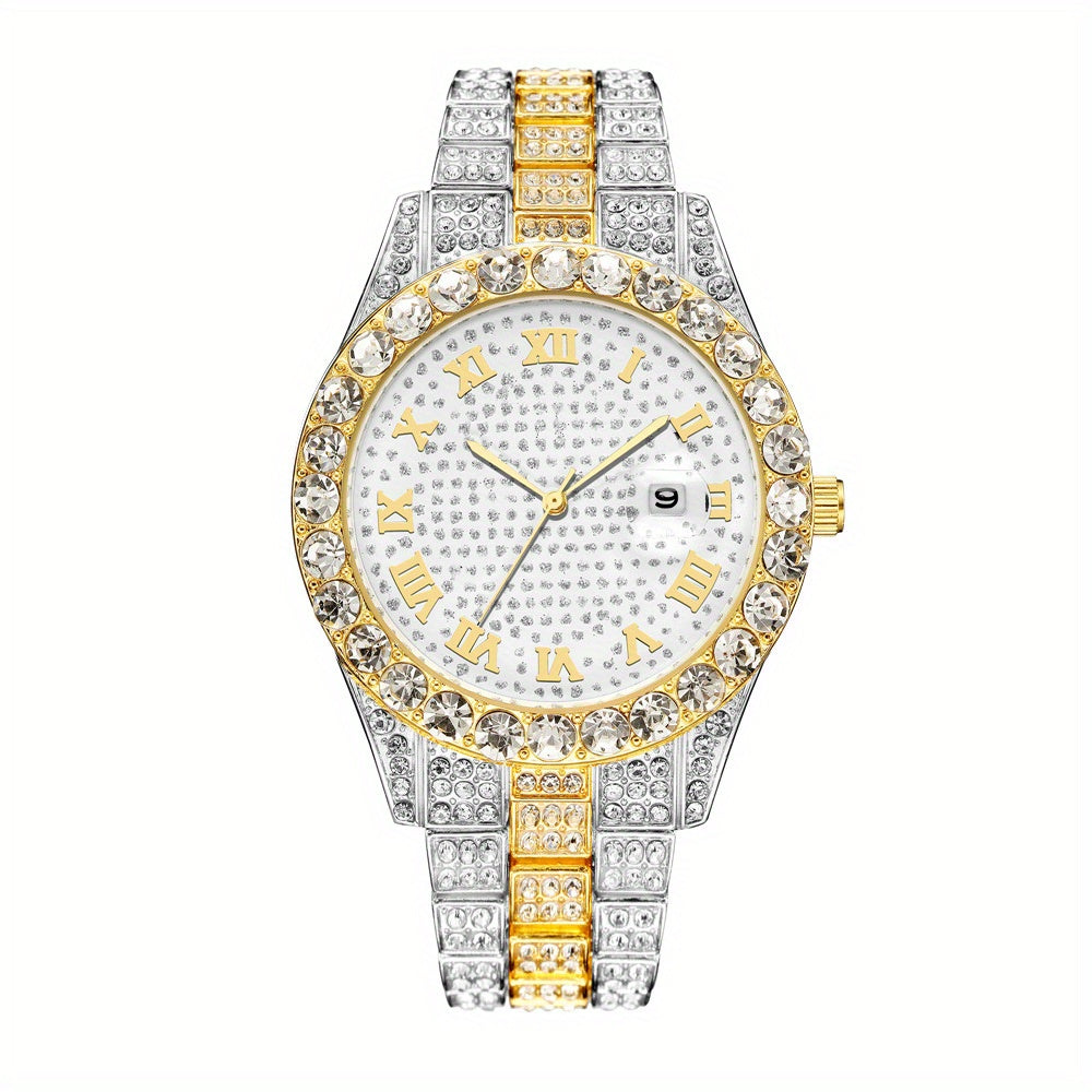 Men's Hip-Hop Inspired Rhinestone Watch with Cuban Bracelet - Street Style Alloy Band, Quartz Movement, Street Street Style