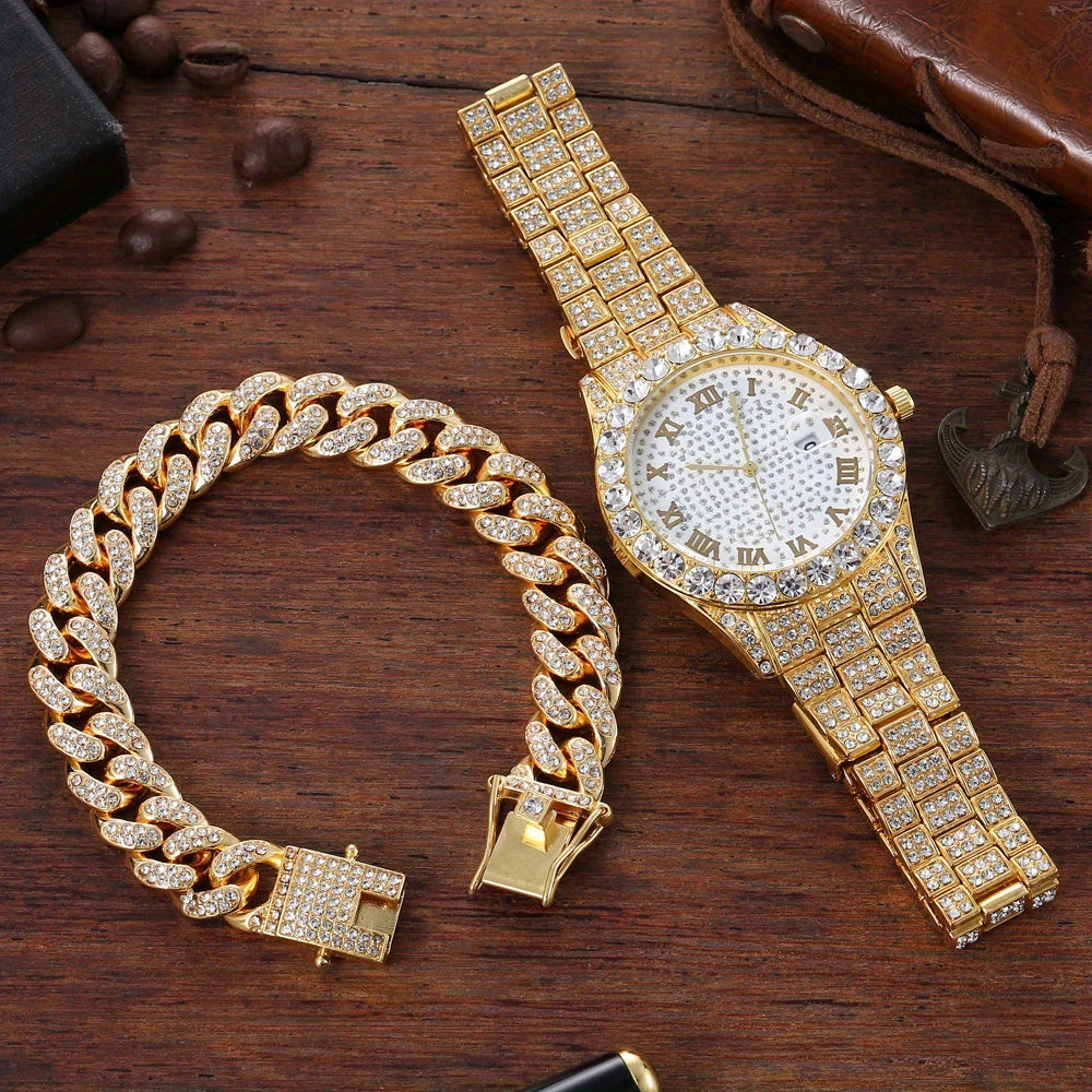 Men's Hip-Hop Inspired Rhinestone Watch with Cuban Bracelet - Street Style Alloy Band, Quartz Movement, Street Street Style