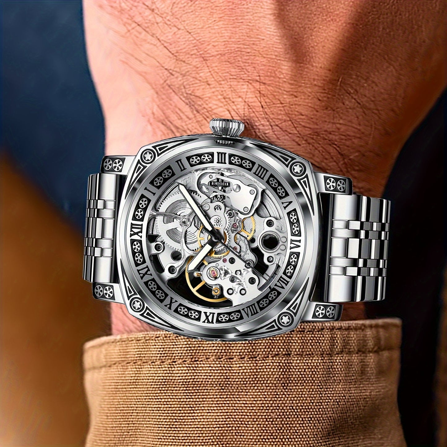 Elegant Waterproof Mechanical Watch for Men: Self-Winding Skeleton with Silver Steel Strap, Vintage Tattoo Case Design, 30m Resistant