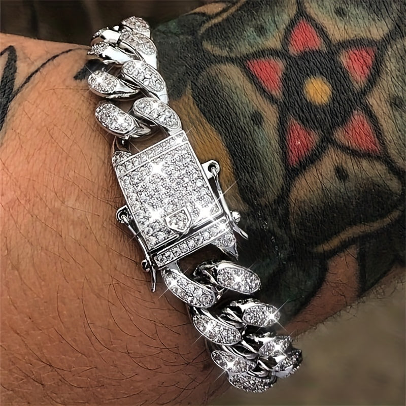 Men's Hip-Hop Inspired Rhinestone Watch with Cuban Bracelet - Street Style Alloy Band, Quartz Movement, Street Street Style