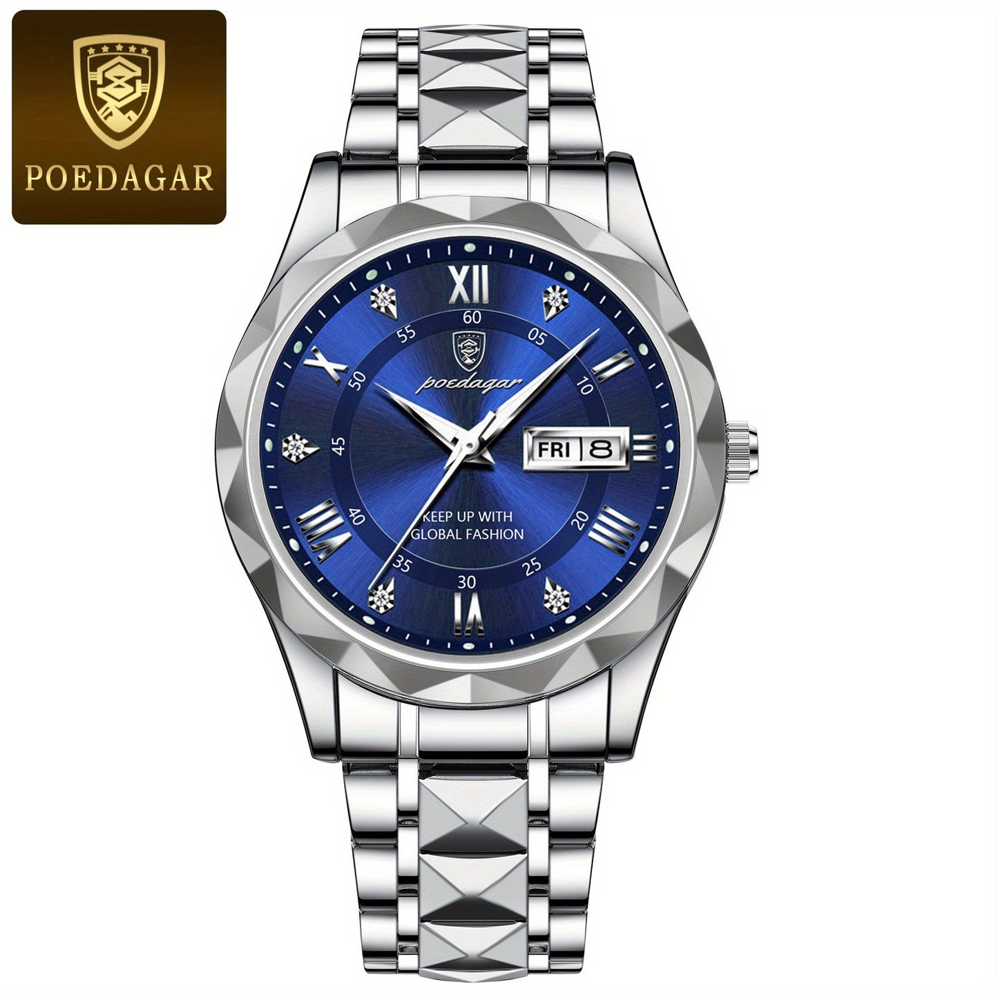 POEDAGAR Men's Stainless Steel Quartz Wristwatch, Luminous Calendar Men's Watch, Ideal Choice For Gifts