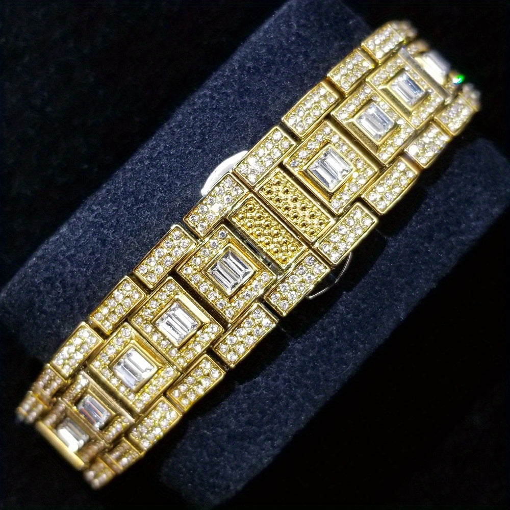 Elegant Golden Quartz Men's Watch - Waterproof, Date Function, with Sparkling Faux Diamonds