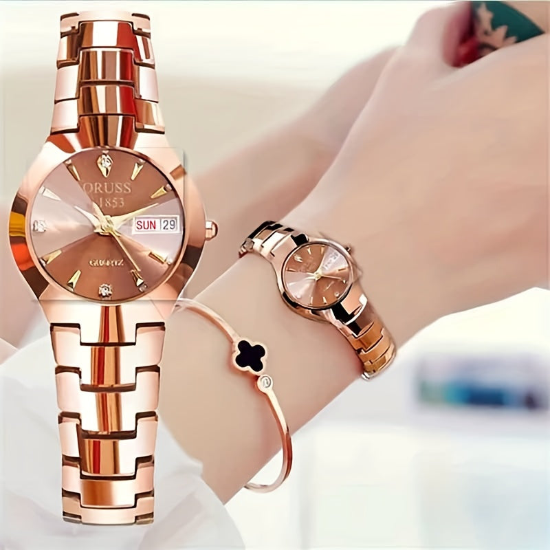 Stylish Rhinestone Dial Quartz Watch - Waterproof, Calendar, Analog Wristwatch for Daily Life, Business, Travel, and Dates