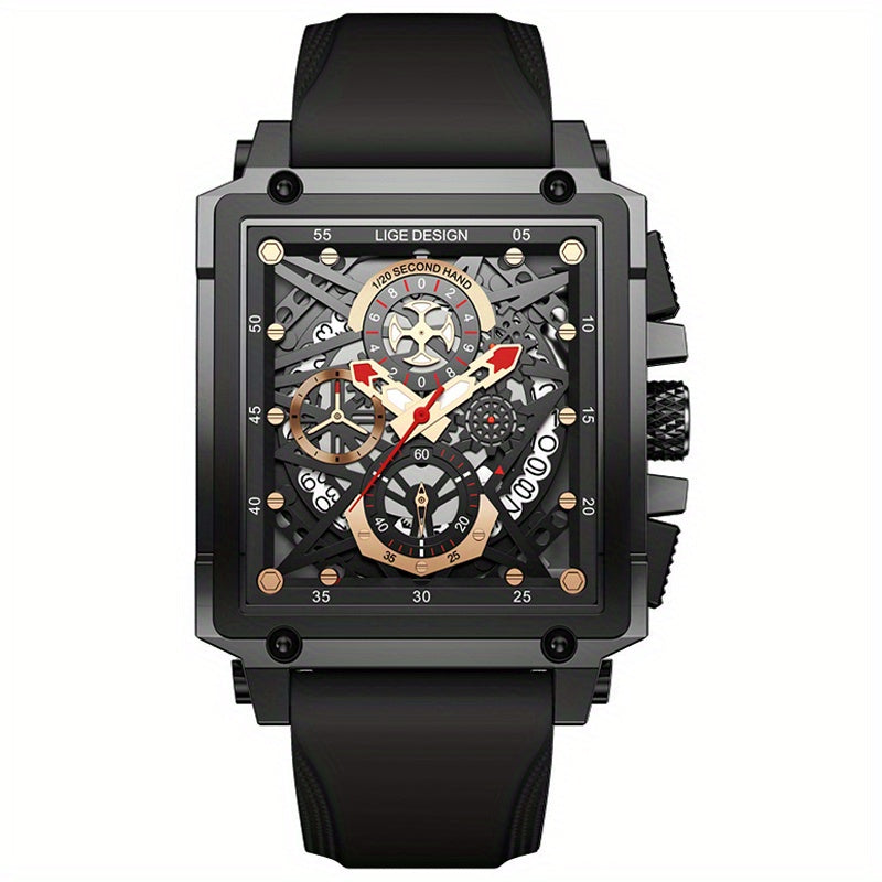 LIGE Men's Watch, Waterproof Quartz Square Wrist Watch For Men, Sports Silicone Watch