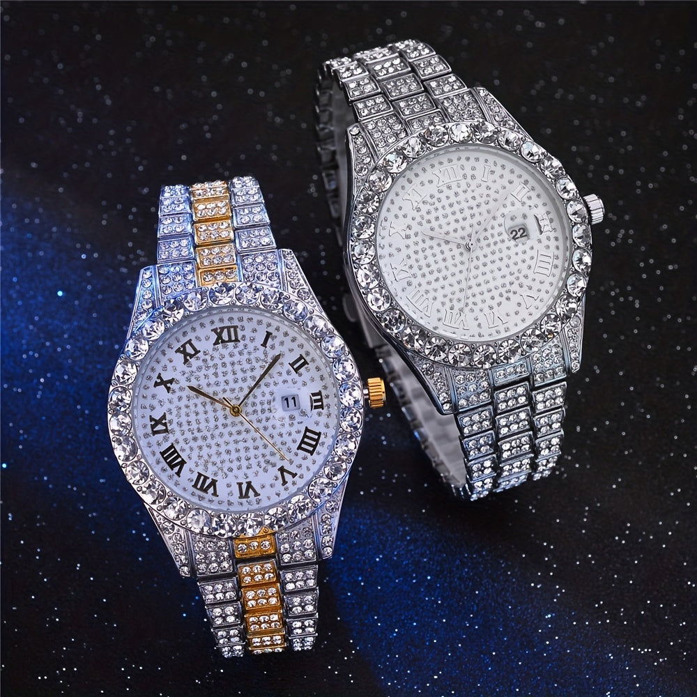 Men's Hip-Hop Inspired Rhinestone Watch with Cuban Bracelet - Street Style Alloy Band, Quartz Movement, Street Street Style