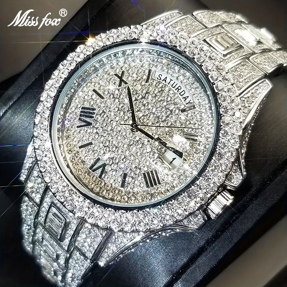 Elegant Golden Quartz Men's Watch - Waterproof, Date Function, with Sparkling Faux Diamonds