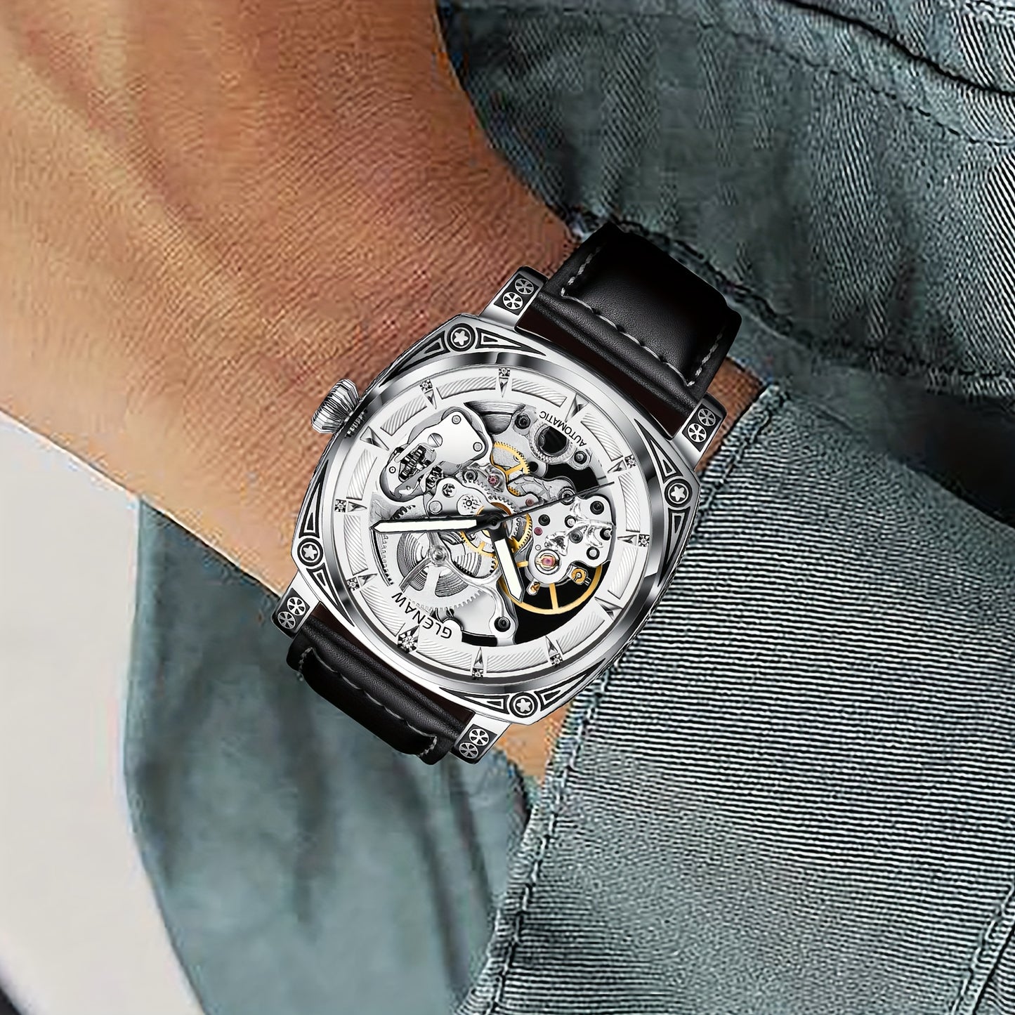 Elegant Vintage-Style Men's Automatic Watch with Hollow-Out Rhinestone Dial, Stainless Steel 30M Waterproof – Ideal Gift Choice