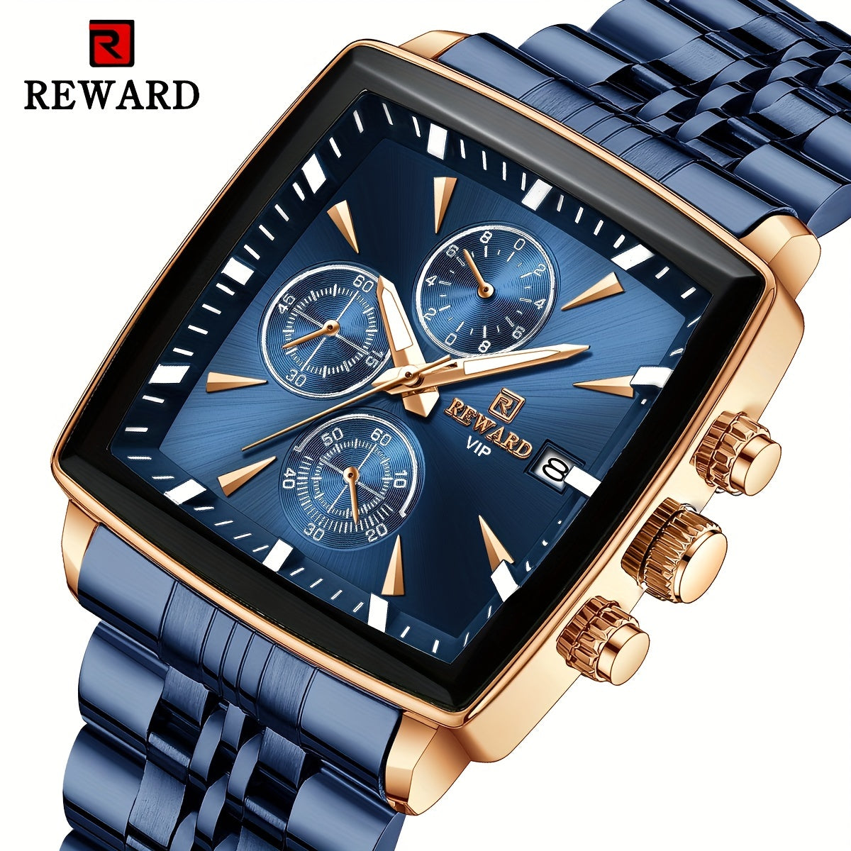 Stylish REWARD Men's Watch - Quartz Wrist Watch for Business, Blue Rectangle Face, Luminous Hands, Waterproof, Ideal Gift for Him, Perfect Accessory for Formal Occasions