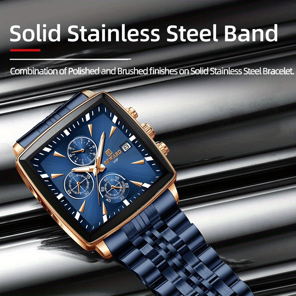 Stylish REWARD Men's Watch - Quartz Wrist Watch for Business, Blue Rectangle Face, Luminous Hands, Waterproof, Ideal Gift for Him, Perfect Accessory for Formal Occasions