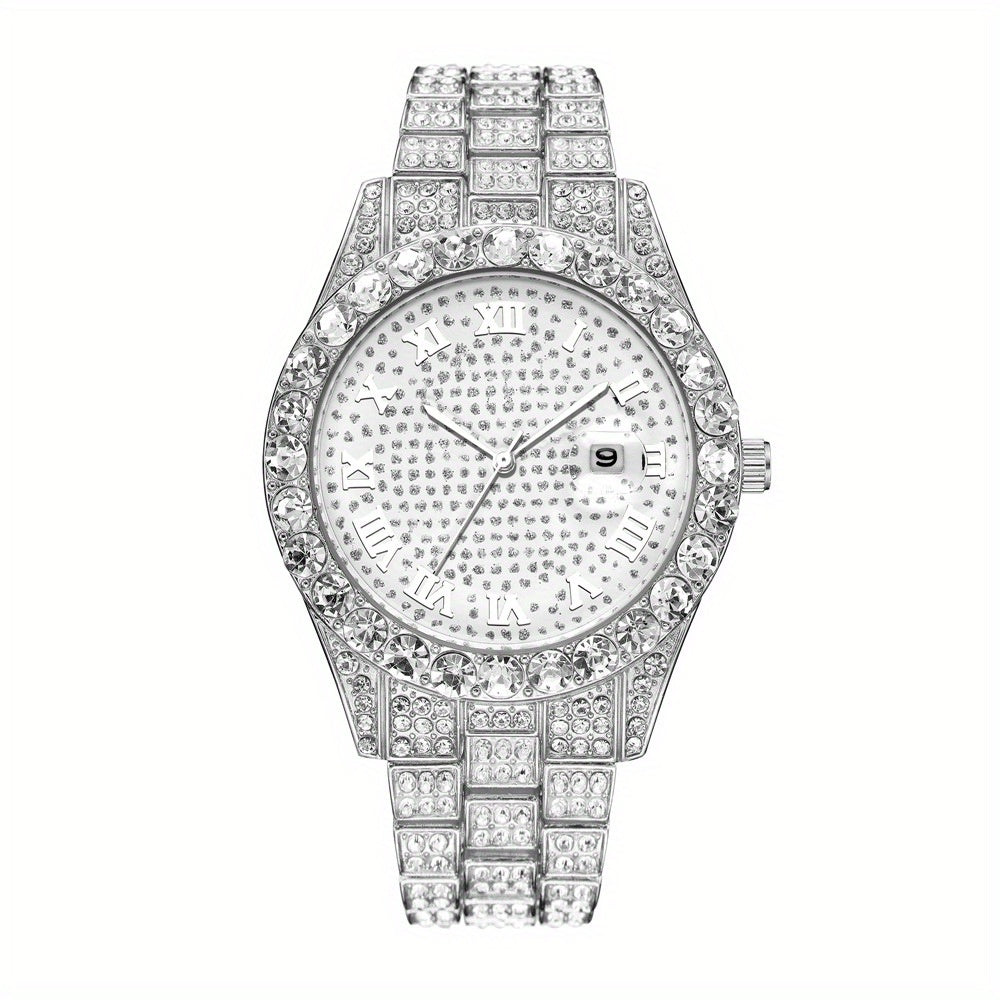 Men's Hip-Hop Inspired Rhinestone Watch with Cuban Bracelet - Street Style Alloy Band, Quartz Movement, Street Street Style