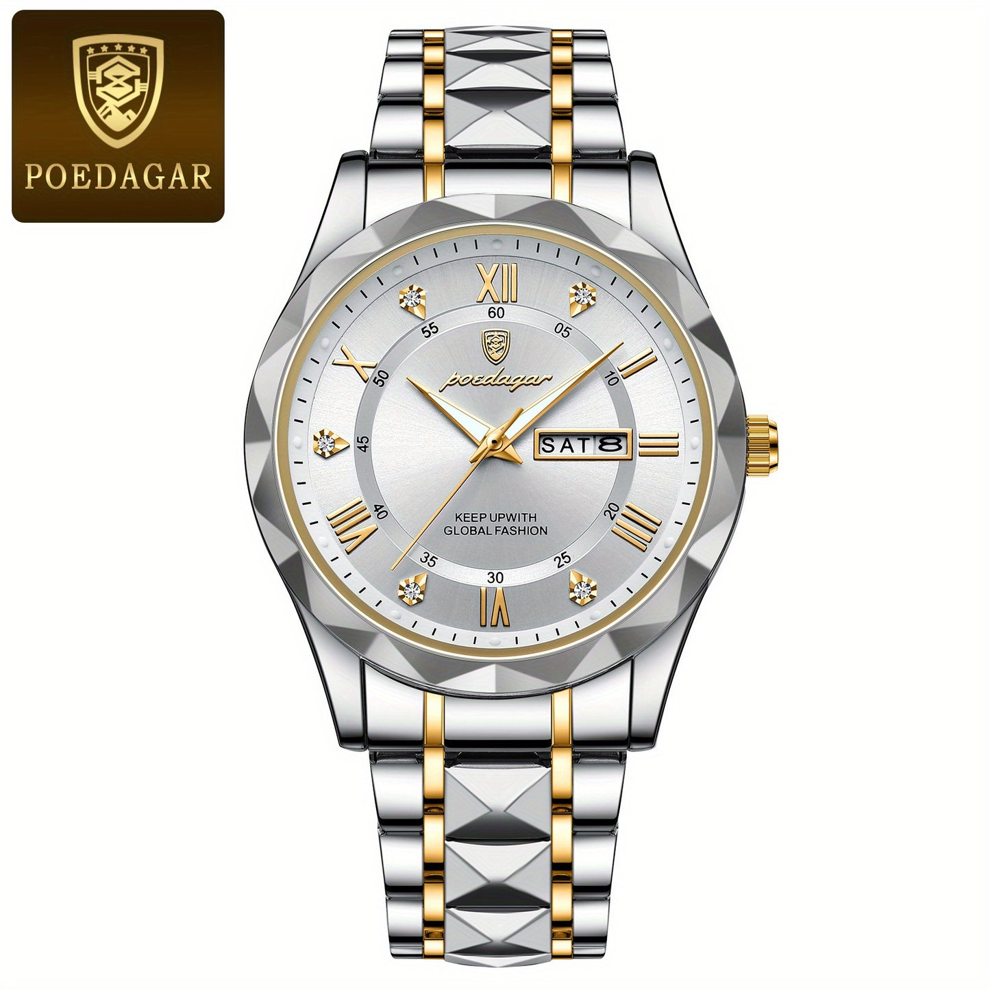 POEDAGAR Men's Stainless Steel Quartz Wristwatch, Luminous Calendar Men's Watch, Ideal Choice For Gifts