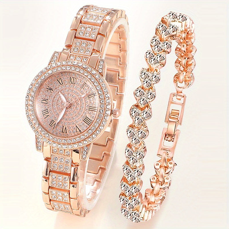 Women's Watch Luxury Rhinestone Quartz Watch Rome Fashion Analog Wrist Watch & 1pc Bracelet, Gift For Mom Her