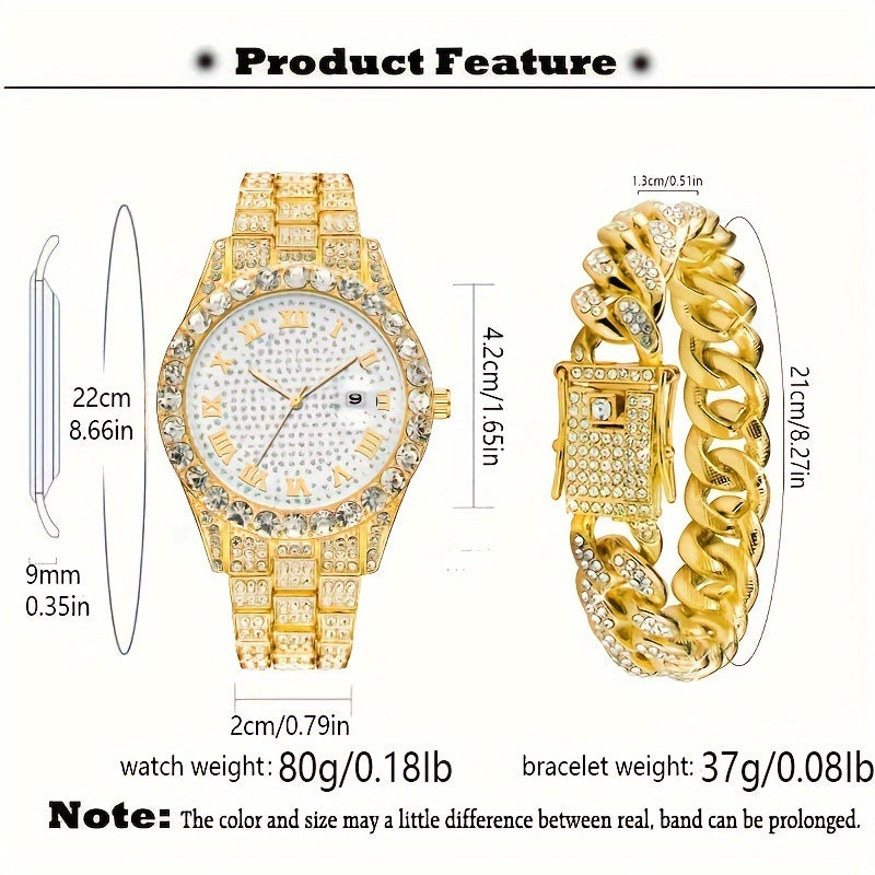Men's Hip-Hop Inspired Rhinestone Watch with Cuban Bracelet - Street Style Alloy Band, Quartz Movement, Street Street Style