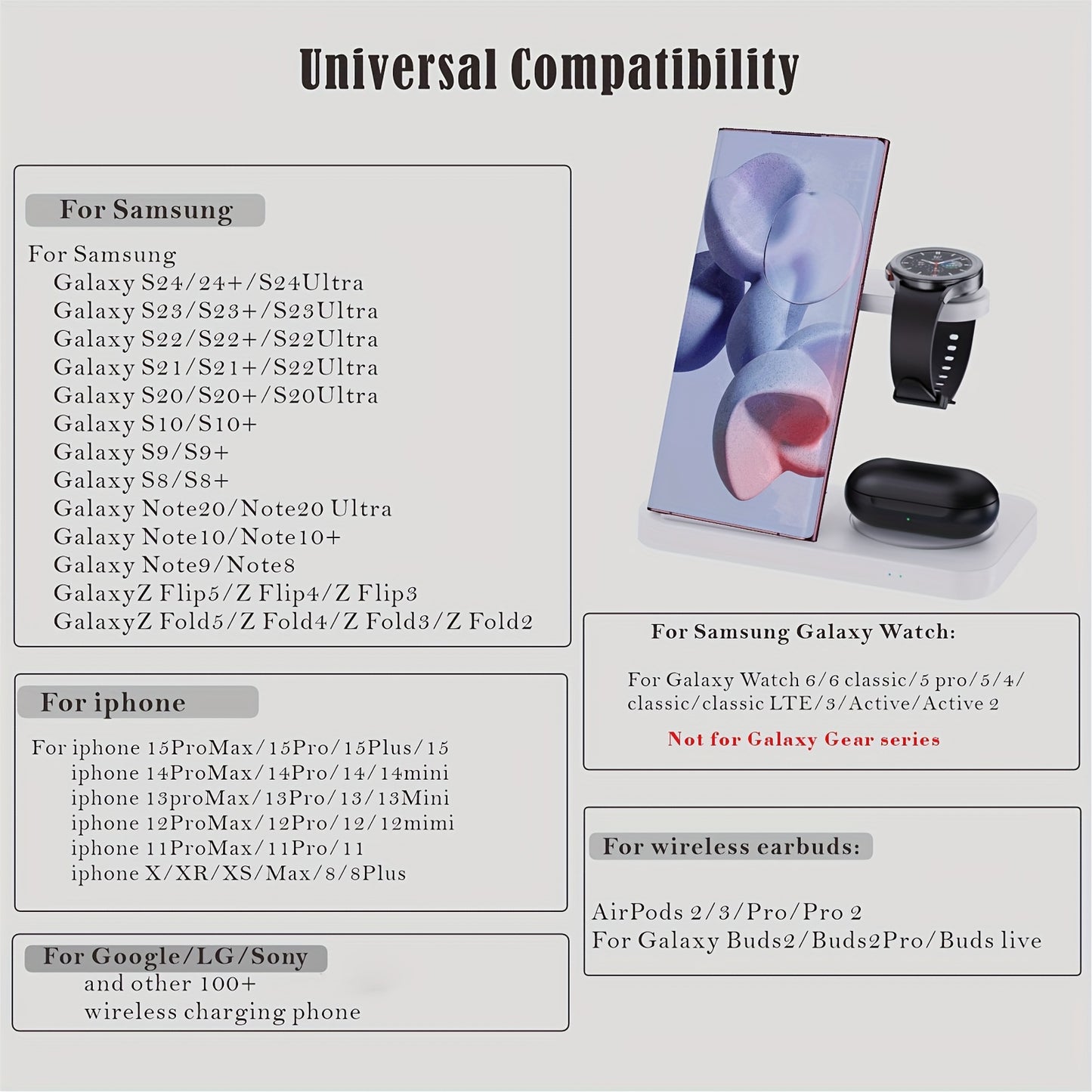 4-In-1 Foldable Fast Wireless Charging Station - Compatible with Samsung S23/S22 Ultra/S22+/S22/S21/S20/Z Flip 4/Z Fold 4, Galaxy Watch 6/5/4/3, Galaxy Buds/Pro, and Multiple Android Devices