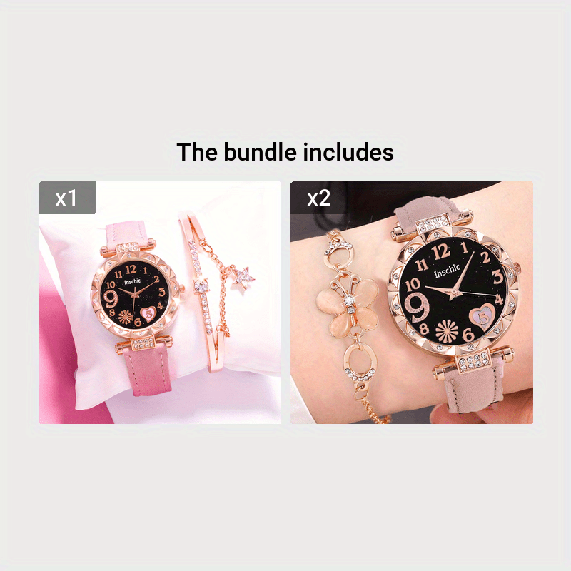 Love Starry Sky Girl Pink Watch And 1pc Rhinestone Bracelet, Gift For Friend