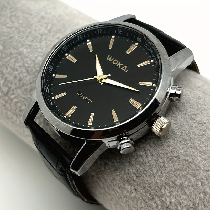 [Popular Choice] TOOP Men's Elegant Business Quartz Watch - Sophisticated Blue Dial with Golden-Tone Hands, Faux Leather Strap, Date Display, Non-Waterproof, Round Plastic Case, Simple, Quartz Watch