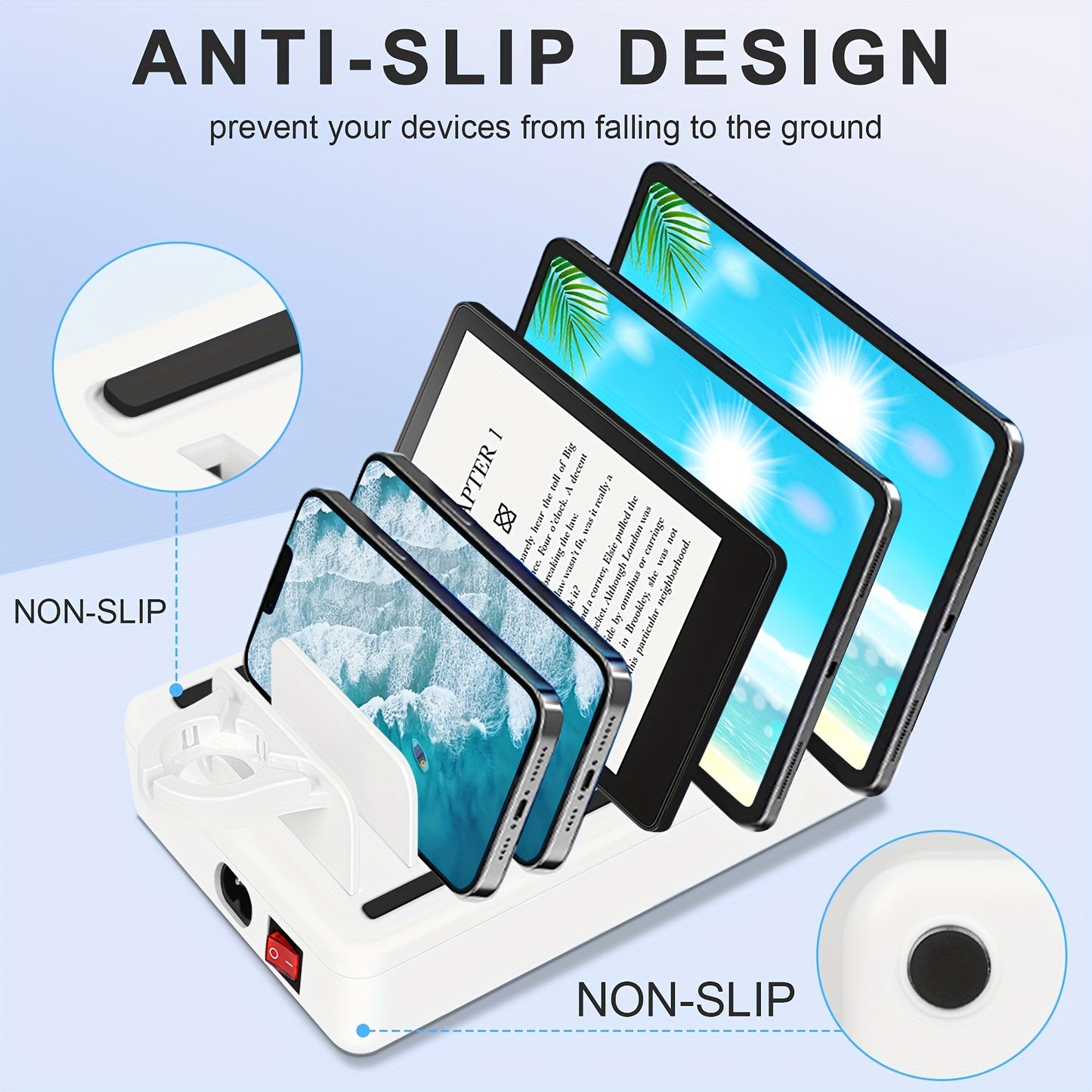 Fast Charging Station For Multiple Devices, 50W 6-Ports USB Charging Station With10-Slot, Detachable Dividers, Watch Holder, Compatible With Phone/iPad/Kindle/Tablet