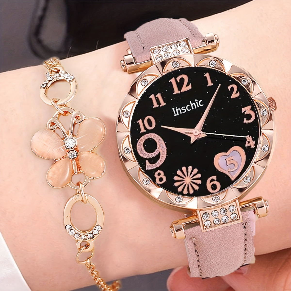 Love Starry Sky Girl Pink Watch And 1pc Rhinestone Bracelet, Gift For Friend
