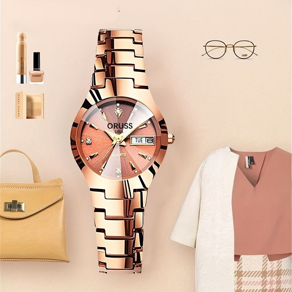 Stylish Rhinestone Dial Quartz Watch - Waterproof, Calendar, Analog Wristwatch for Daily Life, Business, Travel, and Dates