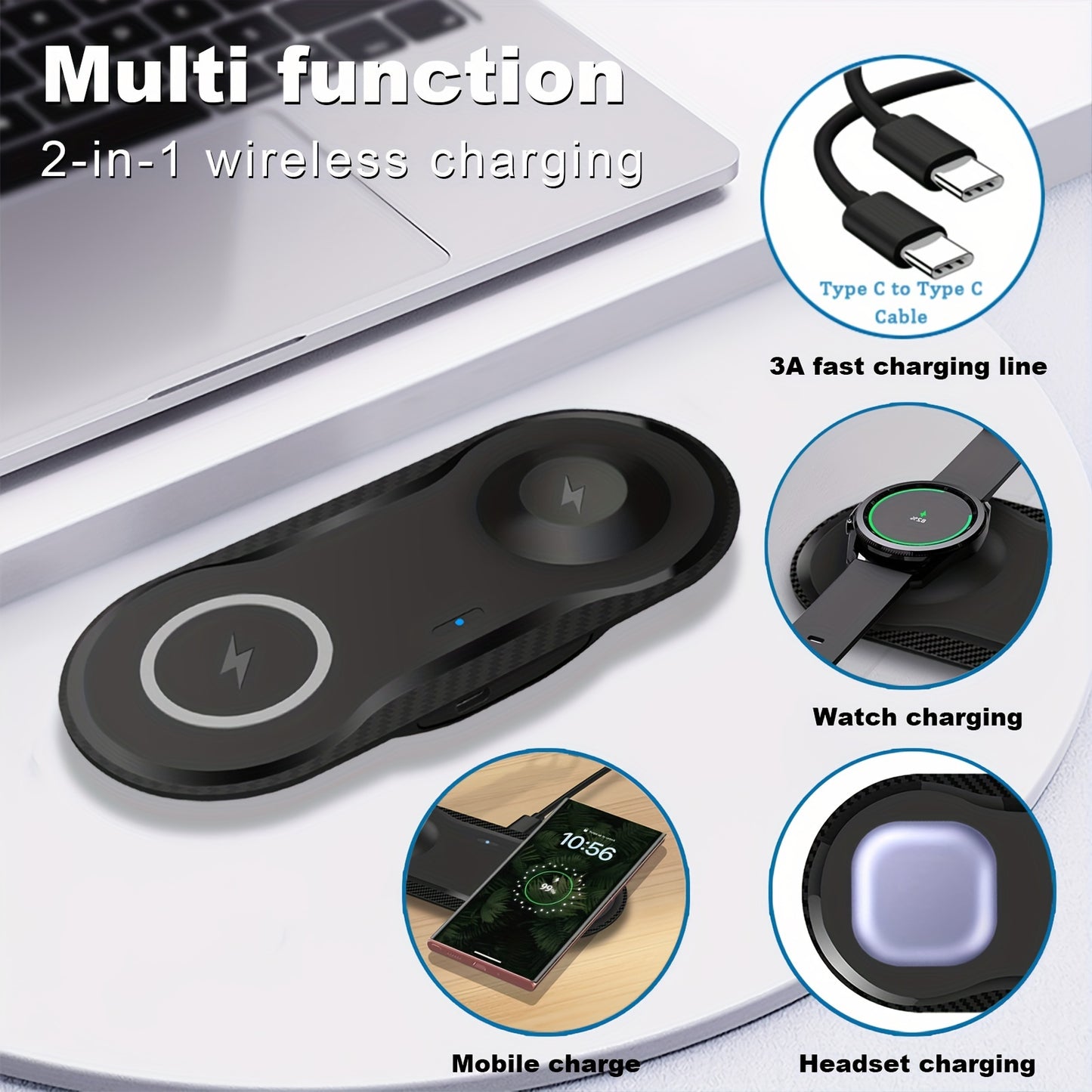 2-in-1 Fast Wireless Charger Mat Dual Wireless Charging Pad for Samsung Galaxy Watch 5/5 Pro/4/3, Galaxy Buds, S23 Ultra, S22, S21, S20, Note 20, 10, Z Flip 4/3, Z Fold