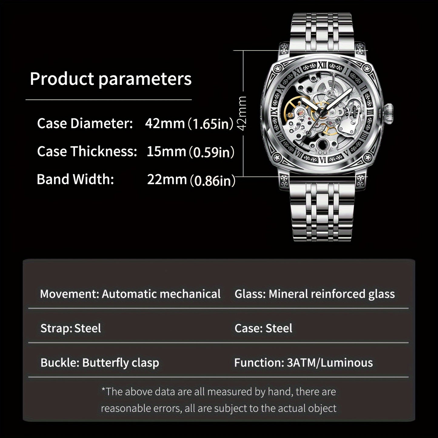 Elegant Waterproof Mechanical Watch for Men: Self-Winding Skeleton with Silver Steel Strap, Vintage Tattoo Case Design, 30m Resistant