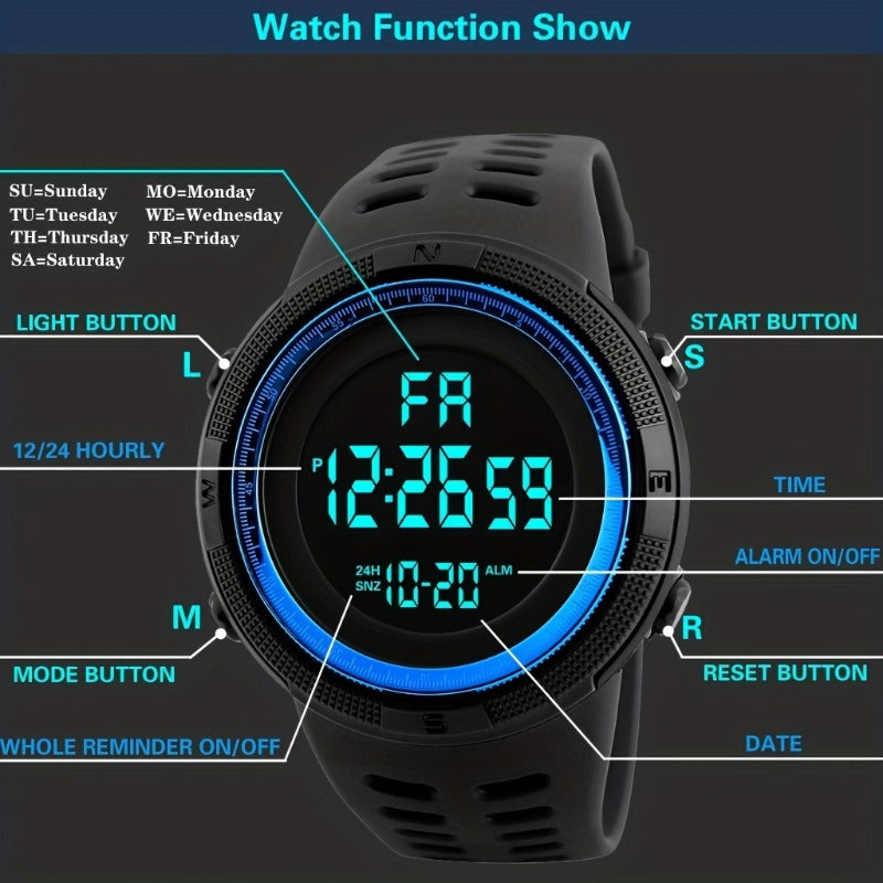 Sleek, Men's Sporty Digital Watch with Large Dial - Luminous, Alarm Feature, Silicone Band, Non-Waterproof