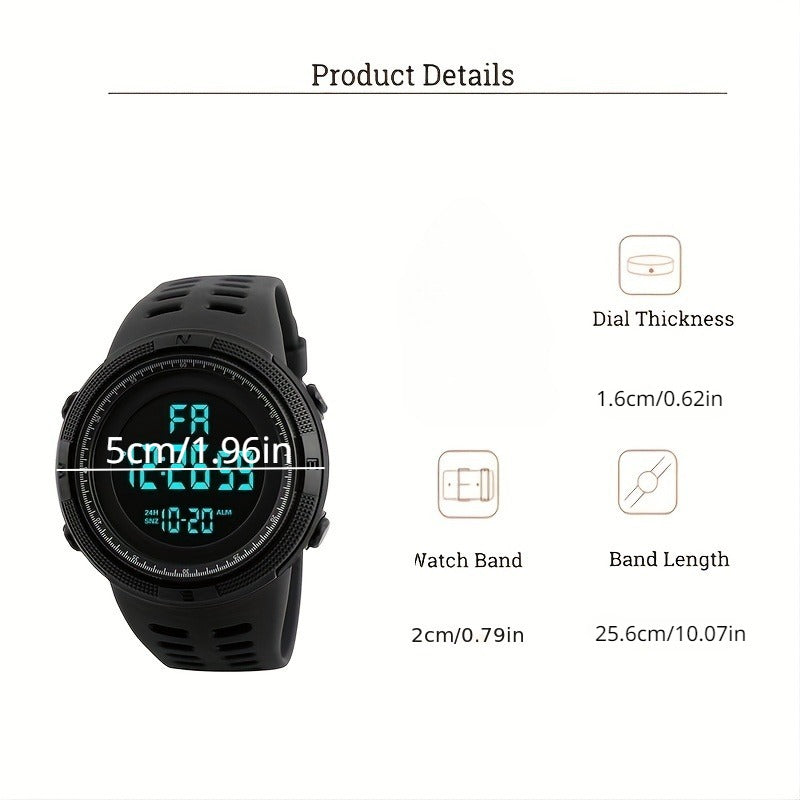 Sleek, Men's Sporty Digital Watch with Large Dial - Luminous, Alarm Feature, Silicone Band, Non-Waterproof