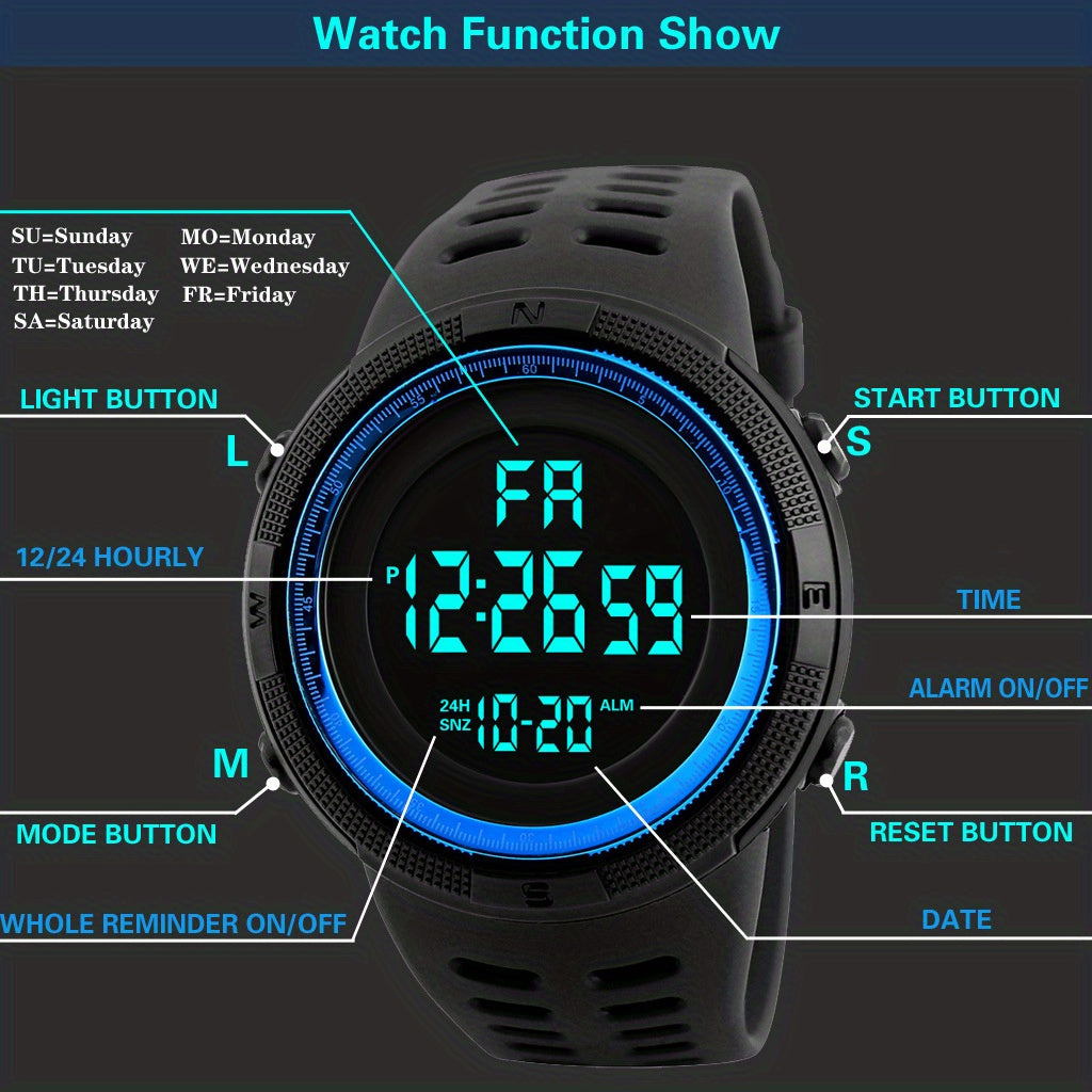 Sleek, Men's Sporty Digital Watch with Large Dial - Luminous, Alarm Feature, Silicone Band, Non-Waterproof